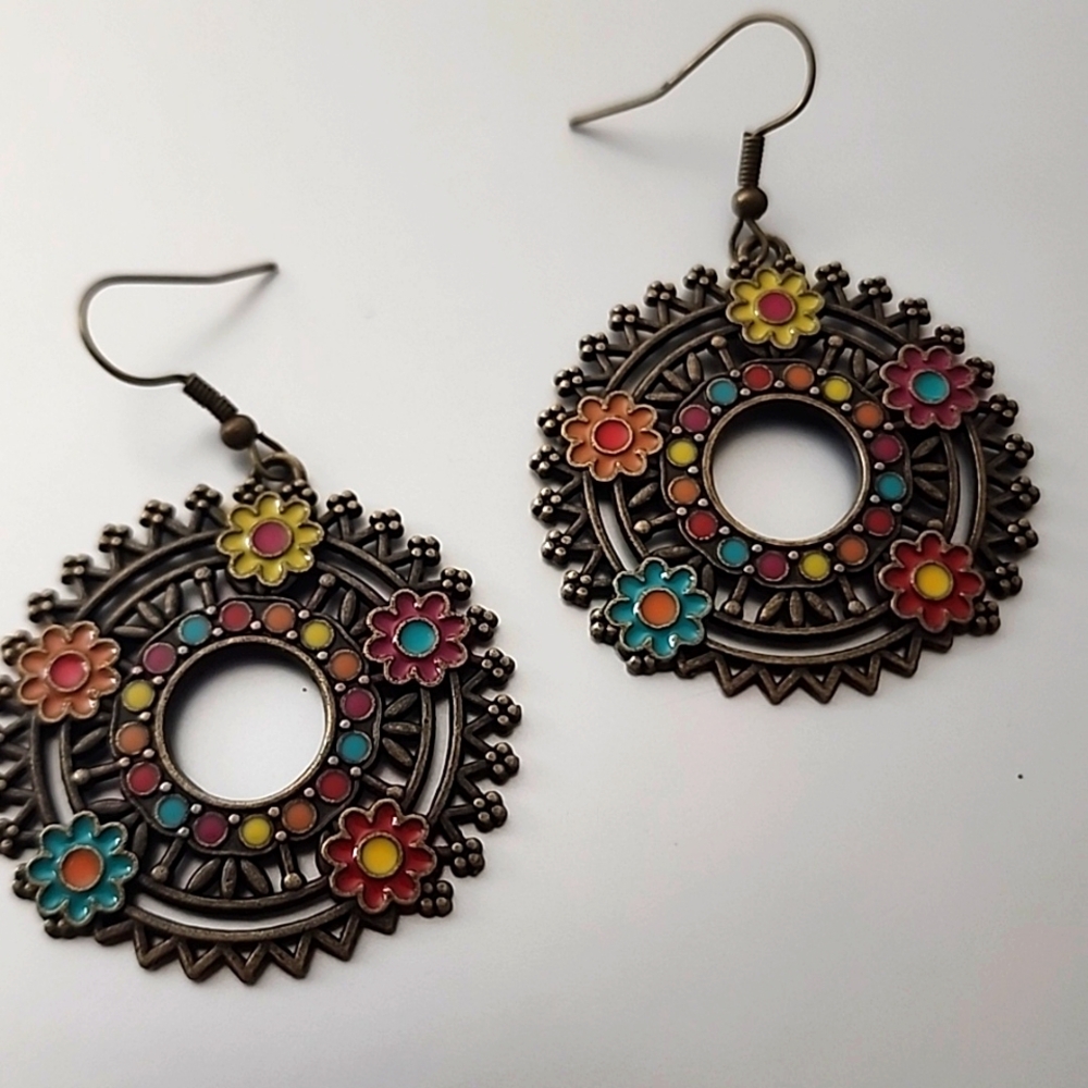 Bronze BOHO HIPPIE FLOWER DISC COLORFUL EARRINGS